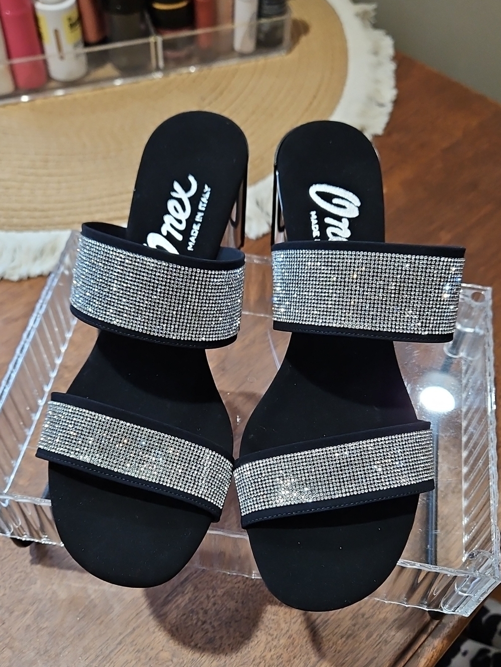 Onex Black Slide Sandals with Rhinestone Straps